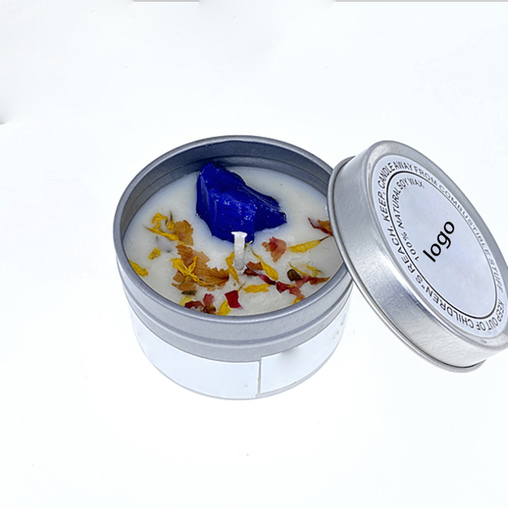 Custom Private Label Dried Flower Healing Luxury Bougie Soy Wax Small Tin Scented Crystal Candles in Can