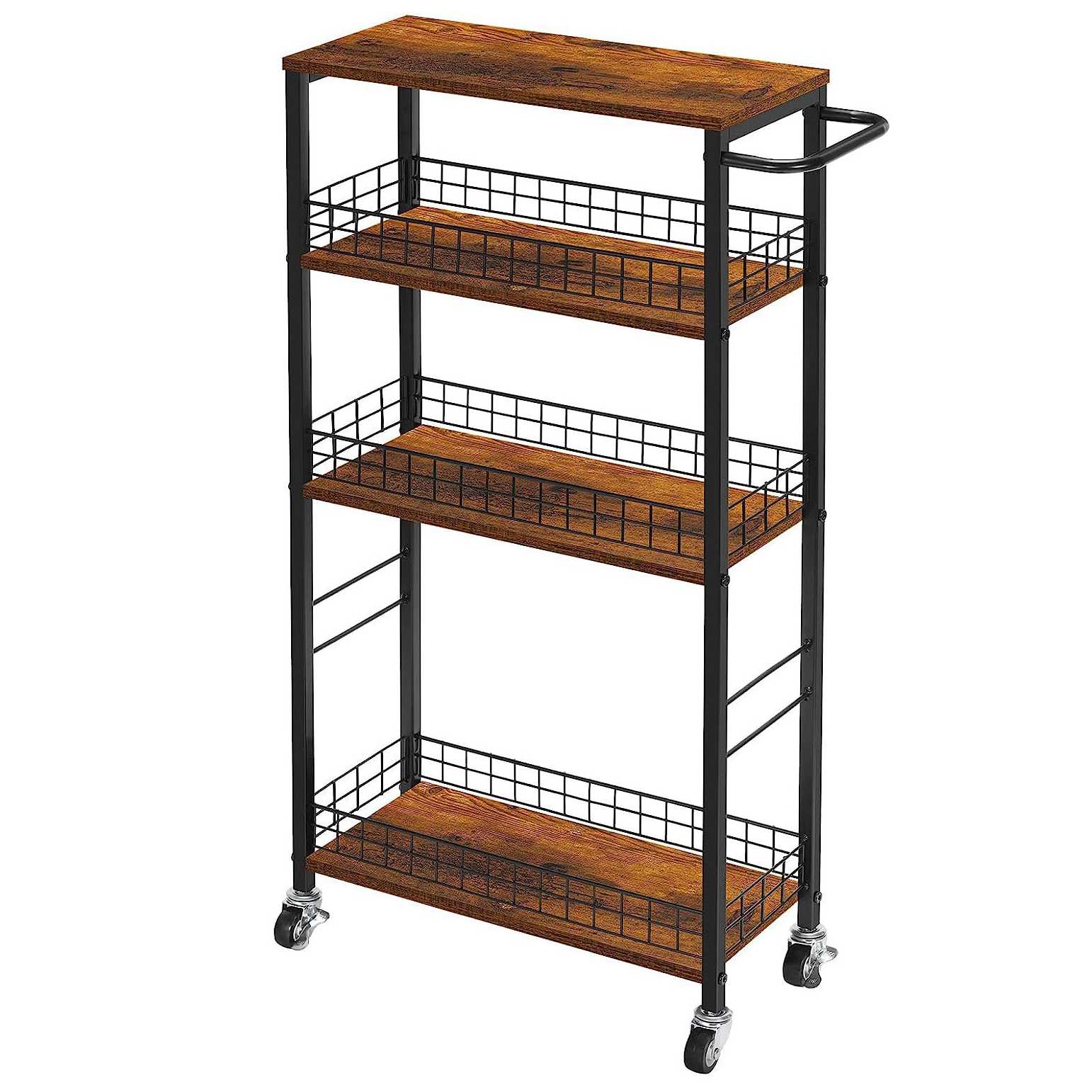 Wood and Metal Handle Slide Out Storage Shelving 4 Tier Mobile Narrow Kitchen Rolling Utility Cart on Wheels Slim Storage Cart