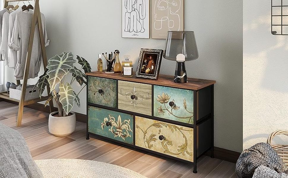 Retro Floral Pattern Nursery Entryway Hall Tree TV Stand Bedroom Chest of Drawers Fabric Dresser for Closet Dresser with Drawers