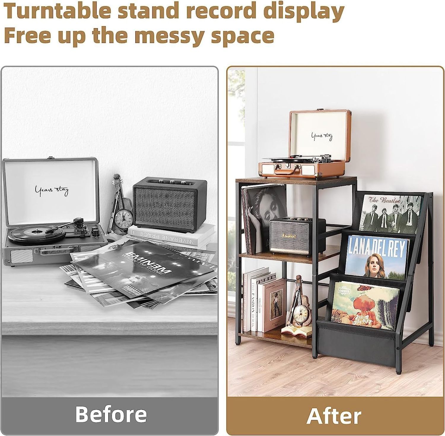 Vinyl Record Holder End Table 3-Tier Record Storage Turntable Stand Record Player Table Stand