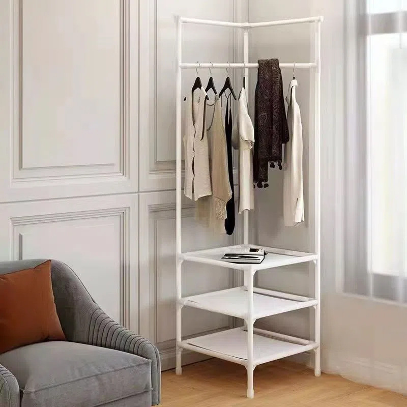 Simple 3 Layers Floor Metal Standing Clothes Hanger Shoe Storage Shelf Corner Coat Clothes Rack