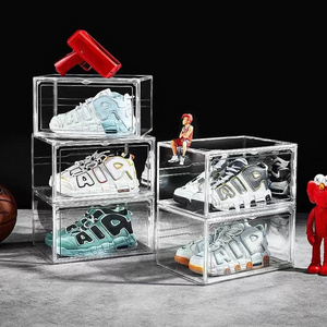 Custom Wholesale Magnetic Stackable Foldable Plastic Clear Transparent PET Acrylic Sneaker Shoe Container Storage Box