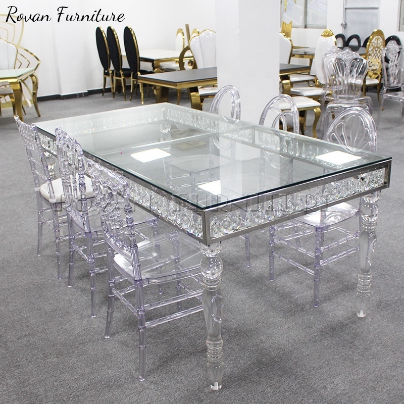 Luxury hotel modern designs glass top acrylic leg banquet rectangular dining table clear transparent acrylic wedding table