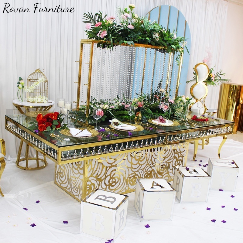 Wedding mirror glass rectangular crystal gold stainless steel dining luxury mirror glass table for event