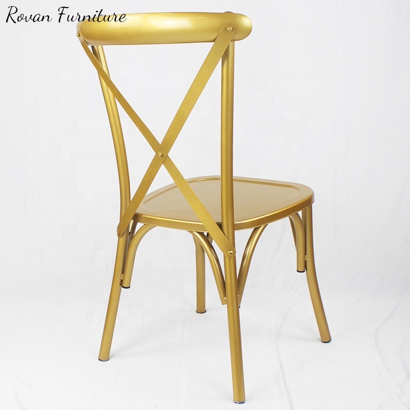 Metal gold stacking iron event dining chairs for Wedding cross back chair