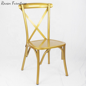 Metal gold stacking iron event dining chairs for Wedding cross back chair