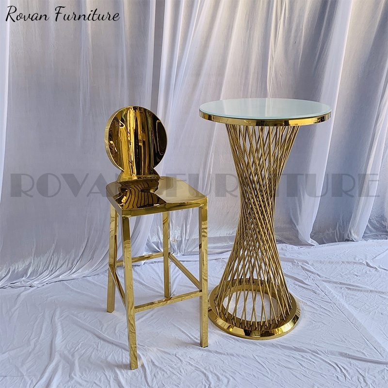 Wholesale luxury modern design gold stainless steel round glass top high bar table for wedding used