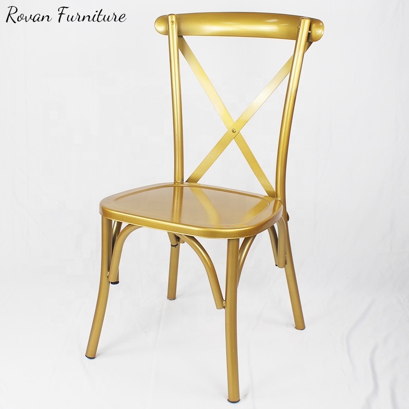 Metal gold stacking iron event dining chairs for Wedding cross back chair