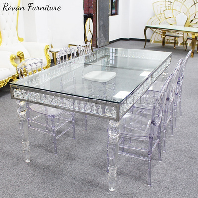 Luxury hotel modern designs glass top acrylic leg banquet rectangular dining table clear transparent acrylic wedding table