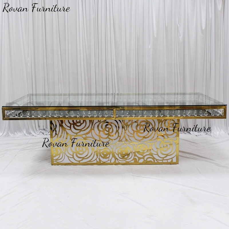 Wedding mirror glass rectangular crystal gold stainless steel dining luxury mirror glass table for event