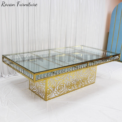 Wedding mirror glass rectangular crystal gold stainless steel dining luxury mirror glass table for event