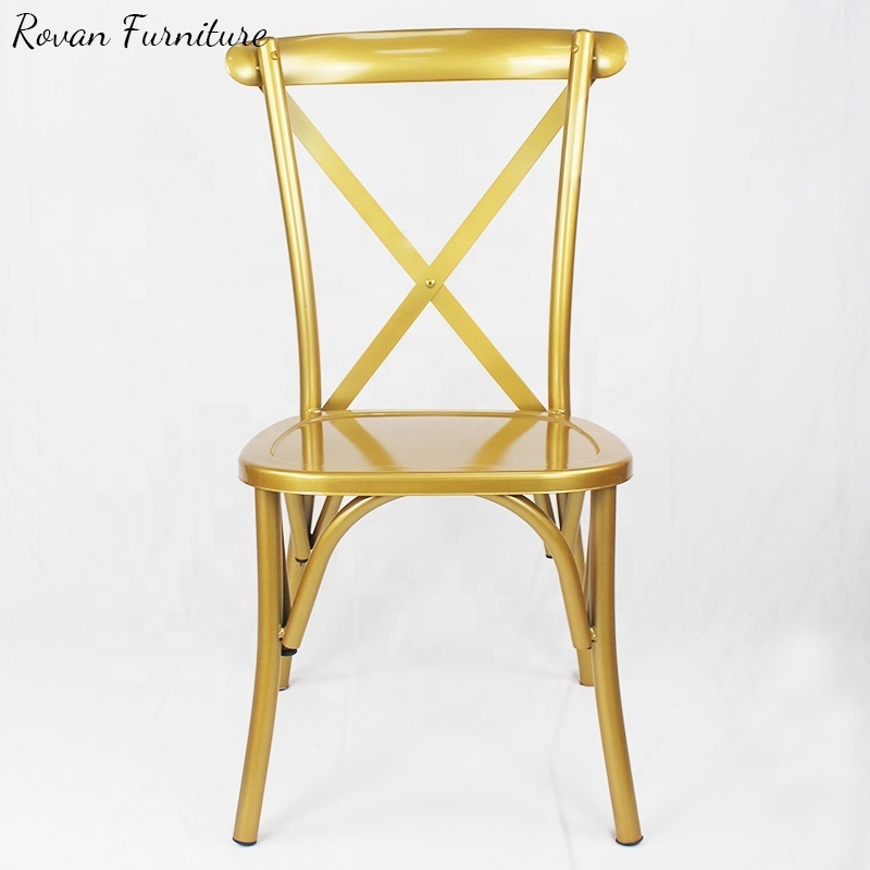 Metal gold stacking iron event dining chairs for Wedding cross back chair