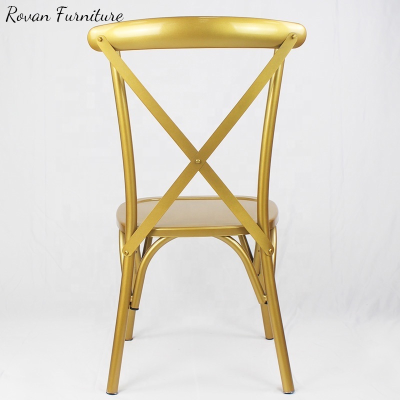 Metal gold stacking iron event dining chairs for Wedding cross back chair