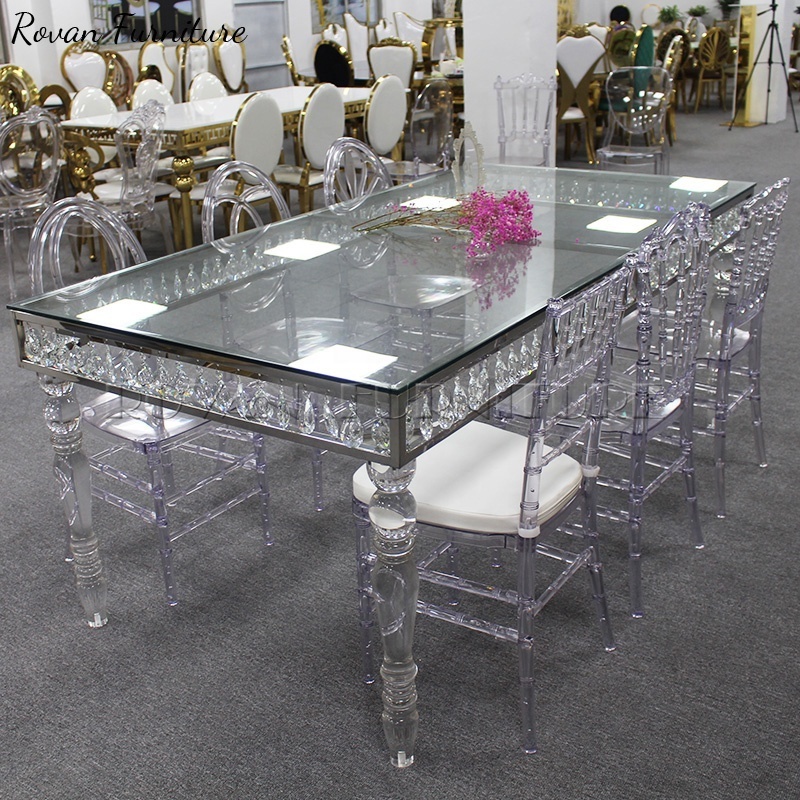 Luxury hotel modern designs glass top acrylic leg banquet rectangular dining table clear transparent acrylic wedding table