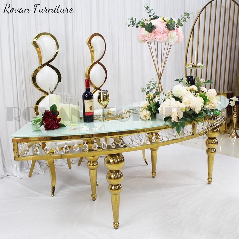 Wedding party cheaper popular reception table S shape glass white half moon dining table for event