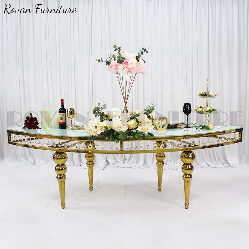 Wedding party cheaper popular reception table S shape glass white half moon dining table for event