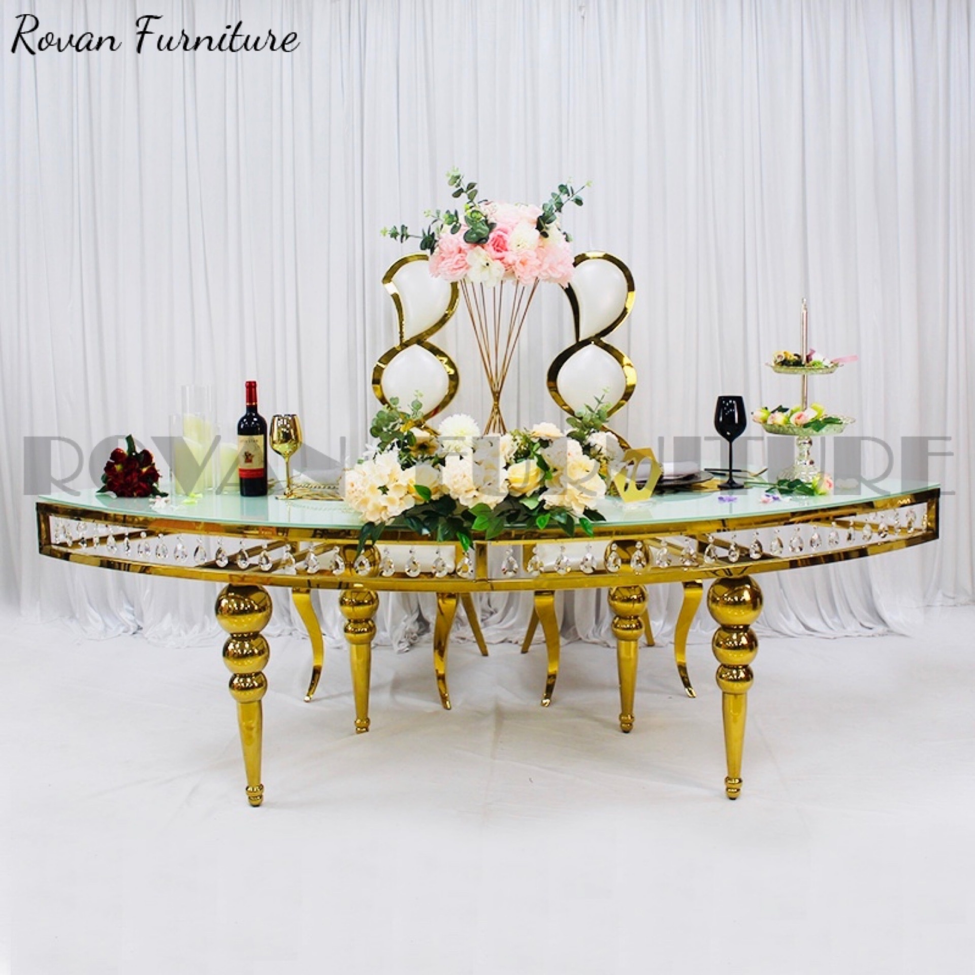 Serpentine Table Gold Glass Stainless Steel with Crystal Latest Style Luxury for Wedding Used Dining Table Dining Room Furniture