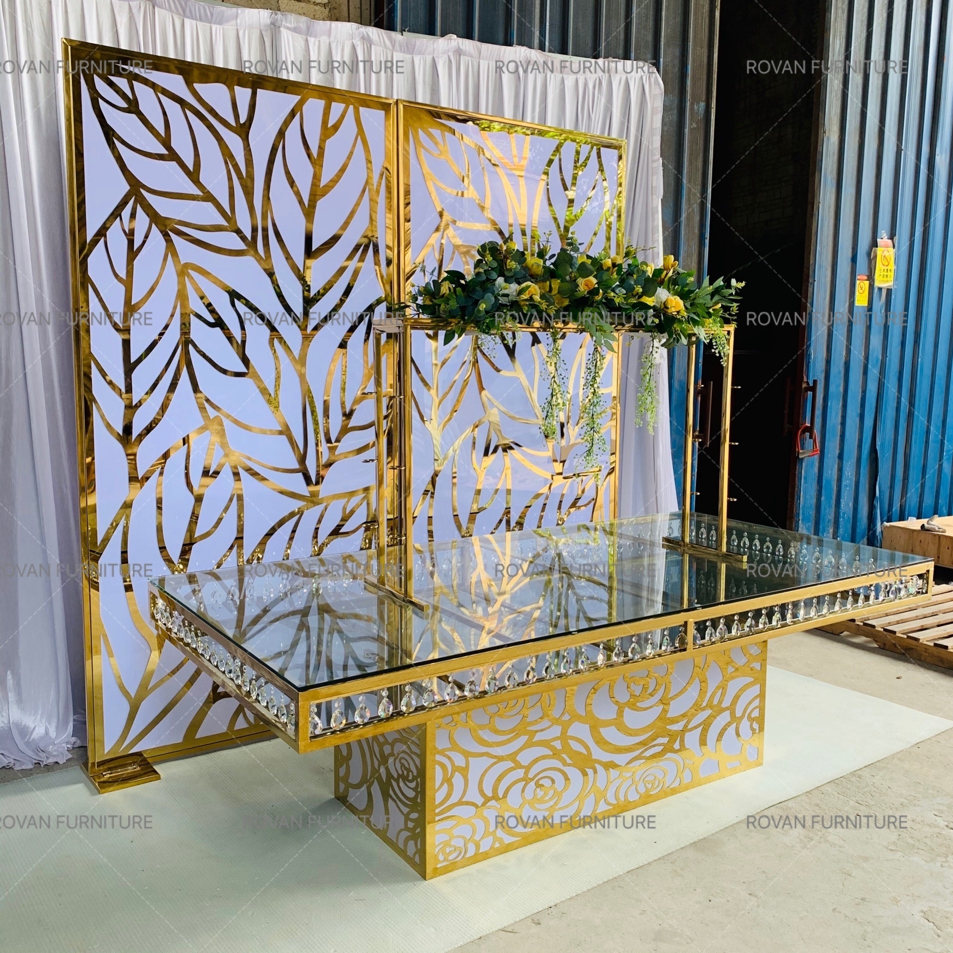 Wedding mirror glass rectangular crystal gold stainless steel dining luxury mirror glass table for event