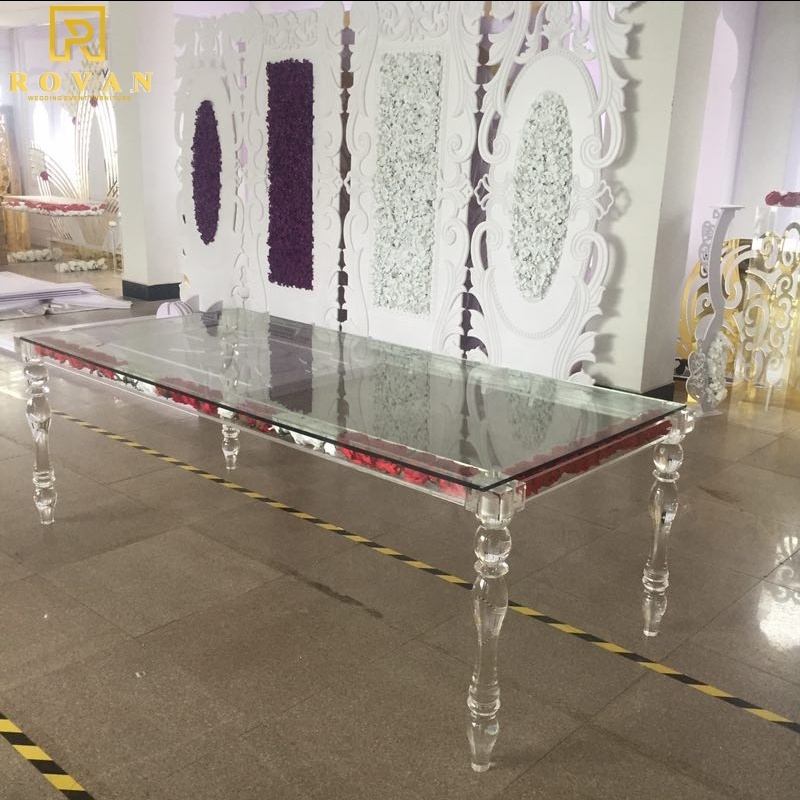 Glass transparency rectangular modern design wedding acrylic banquet clear dining table with leg for wedding