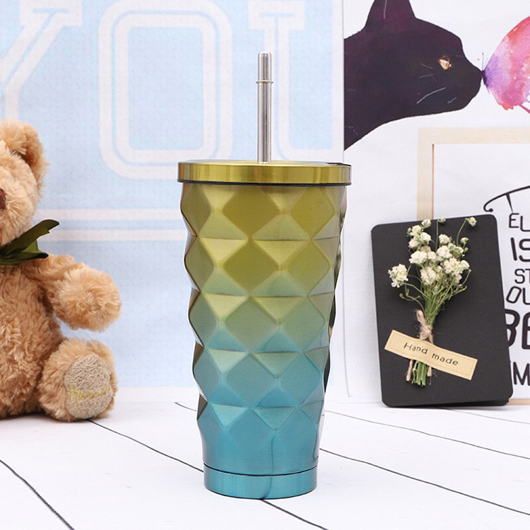 Entrepreneurial diamond stainless steel drink cup with straw