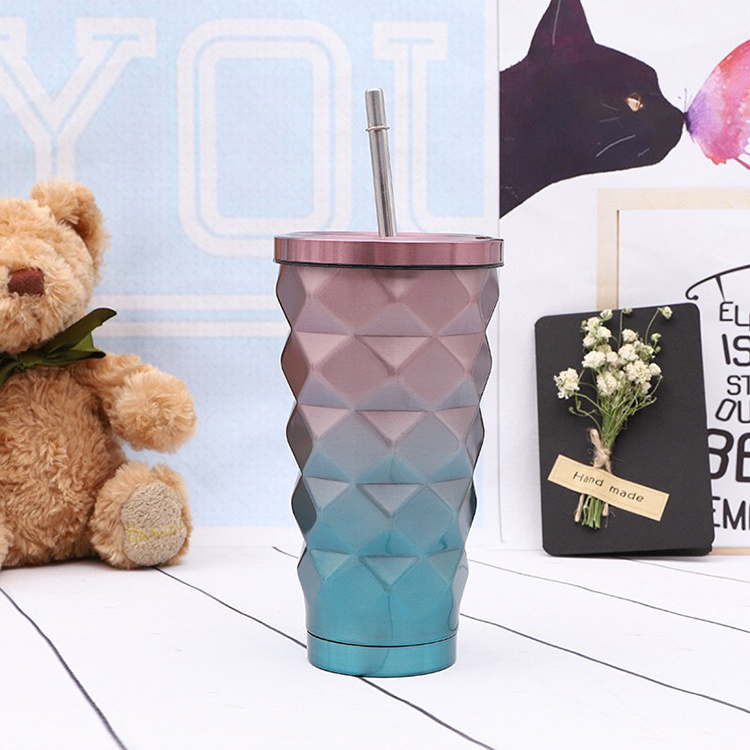 Entrepreneurial diamond stainless steel drink cup with straw