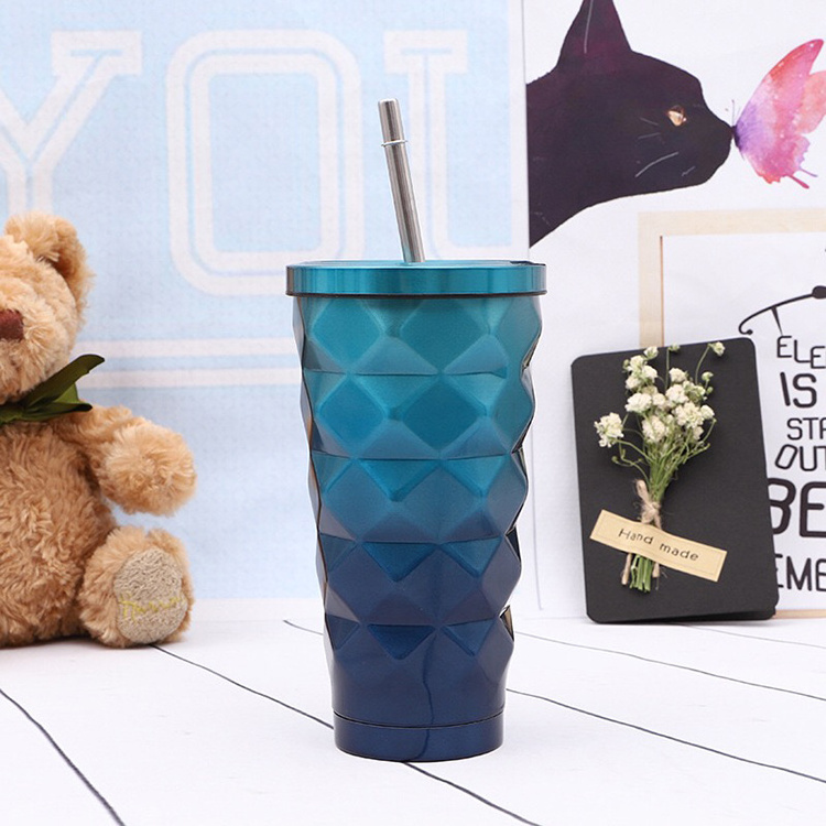 Entrepreneurial diamond stainless steel drink cup with straw