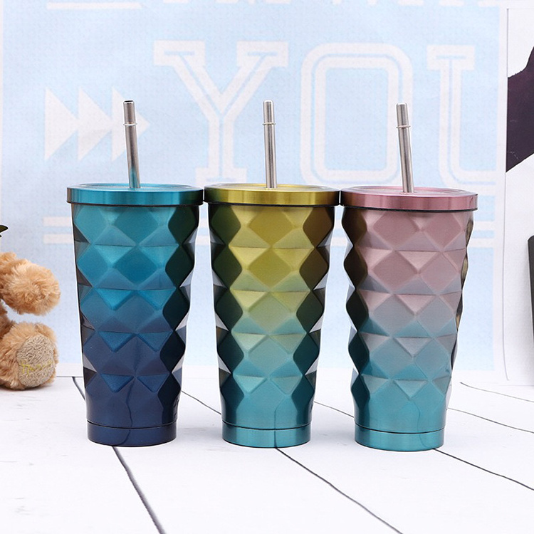 Entrepreneurial diamond stainless steel drink cup with straw