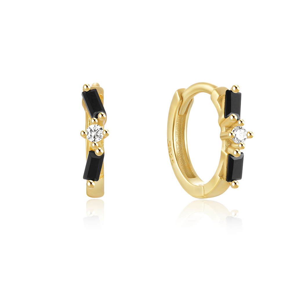 Vintage Black Zircon Hoop Fine Jewelry Irregular Geometric 18K Gold Plated Trendy 925 Sterling Silver Earrings