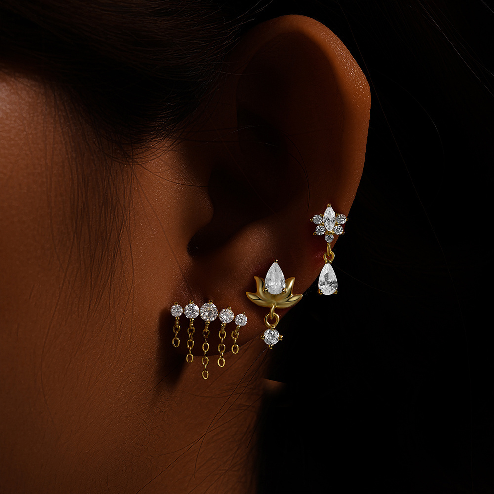 Fine Jewelry S925 Silver Creative Lotus Flower Cartilage Earing Piercing Tear Drop Tassel Ball Piercing Small Earrings Women