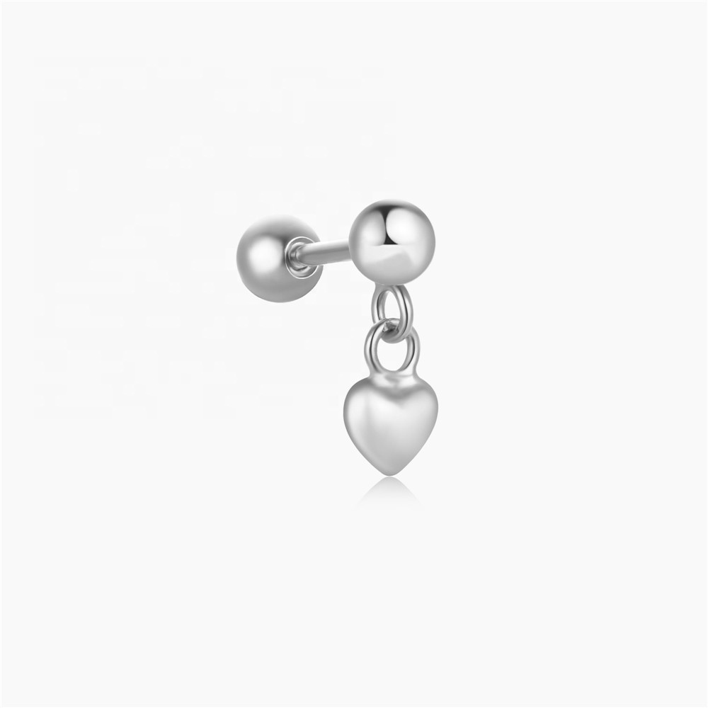 2024 New arrival ball piercing 925 sterling silver glossy pendant earrings fine jewelry heart earring for girl