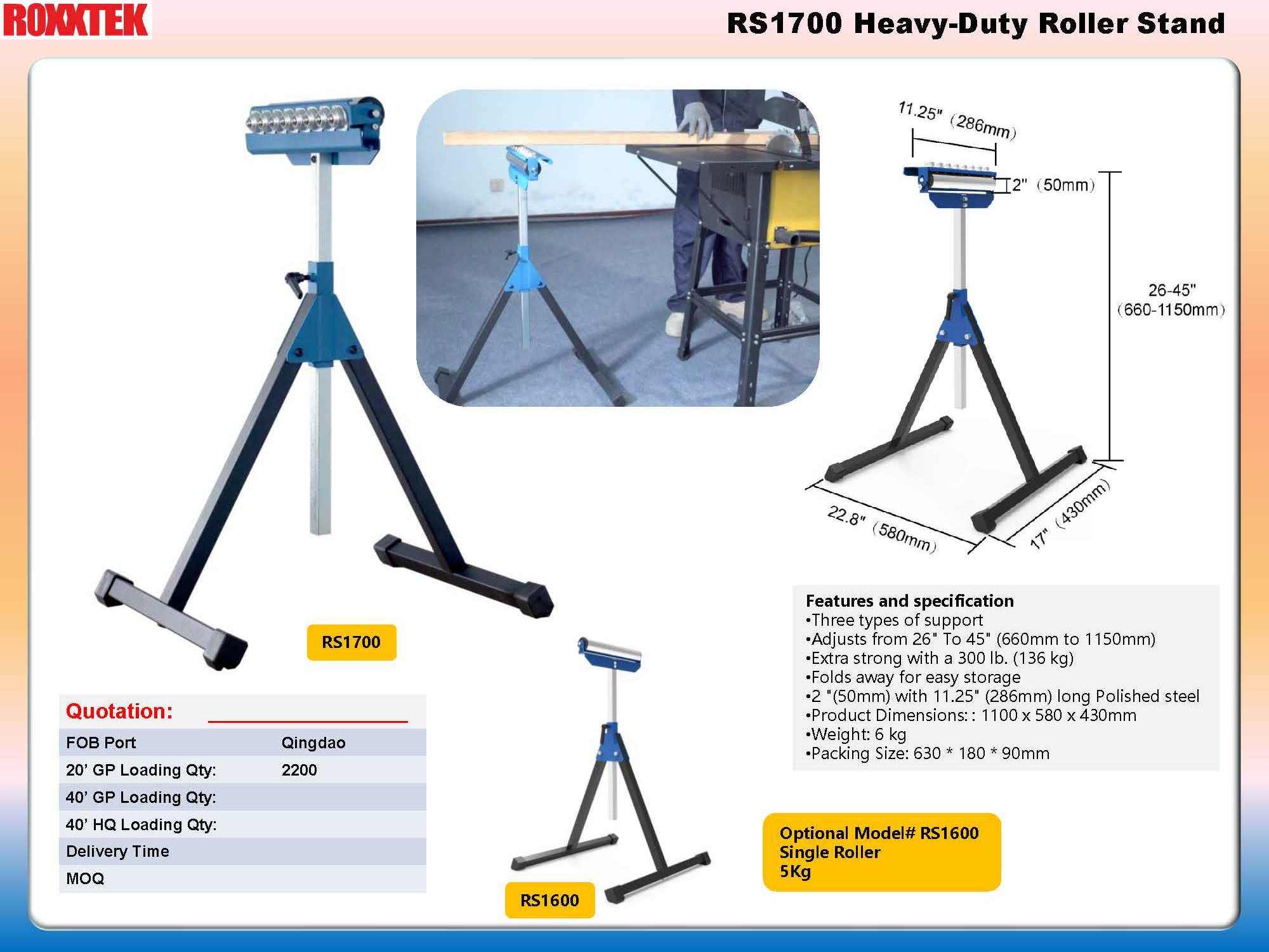 RS1700 Heavy-Duty 3 in 1Adjustable Roller Stand with Extension Heights.