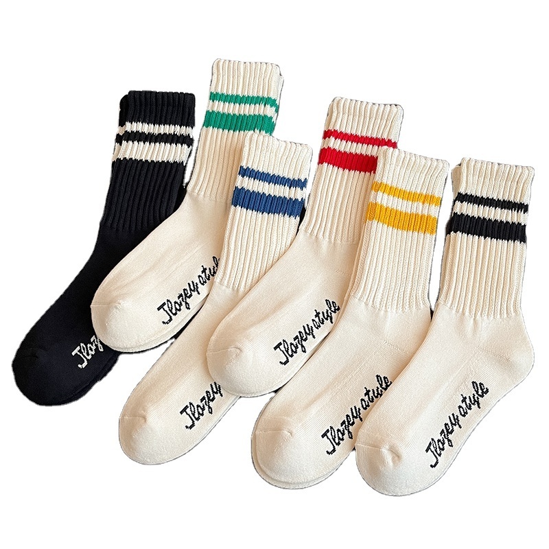 Custom thick ribbed knit striped socks comfortable organic cotton embroidery logo crew men women slouch sport socks