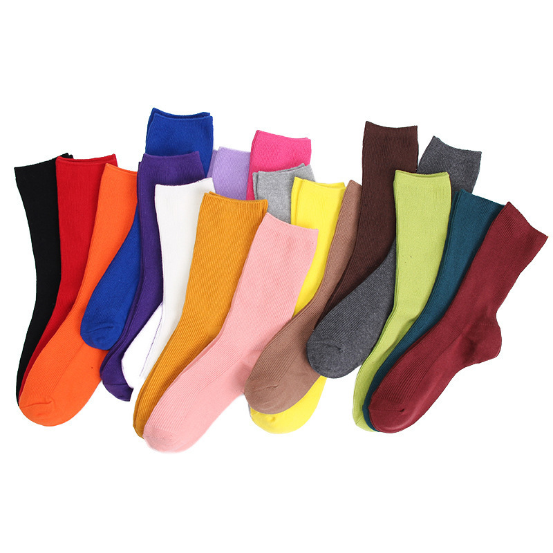 Female Spring And Summer Cotton Solid Color Pile Socks INS Tde Japanese Striped Middle Tube Stockings Thin Women Socks