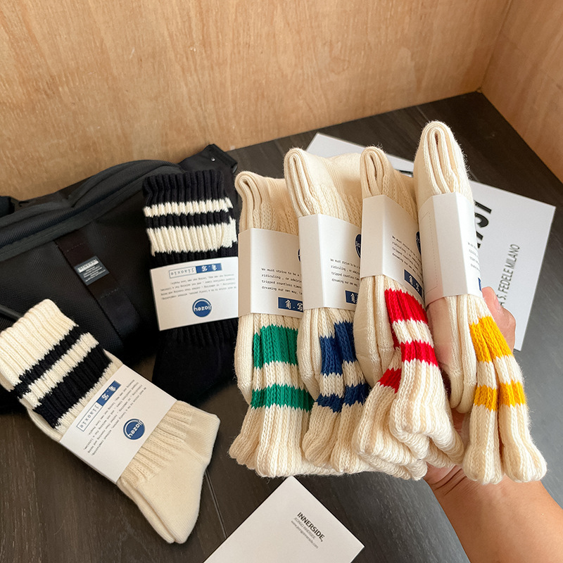 Custom thick ribbed knit striped socks comfortable organic cotton embroidery logo crew men women slouch sport socks