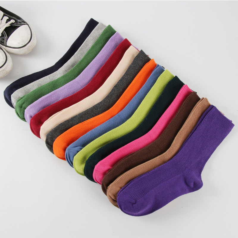 Female Spring And Summer Cotton Solid Color Pile Socks INS Tde Japanese Striped Middle Tube Stockings Thin Women Socks