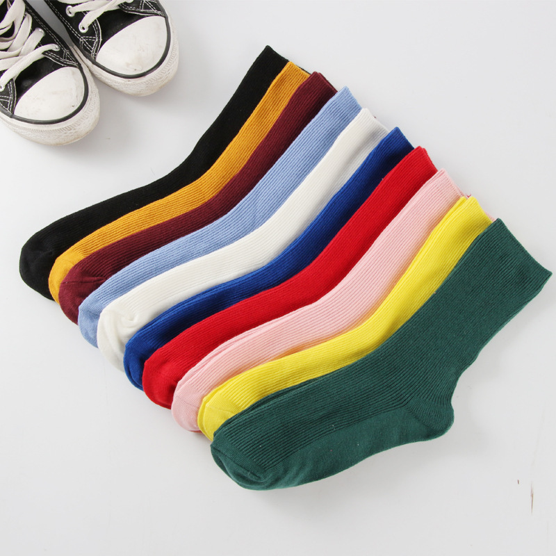 Female Spring And Summer Cotton Solid Color Pile Socks INS Tde Japanese Striped Middle Tube Stockings Thin Women Socks