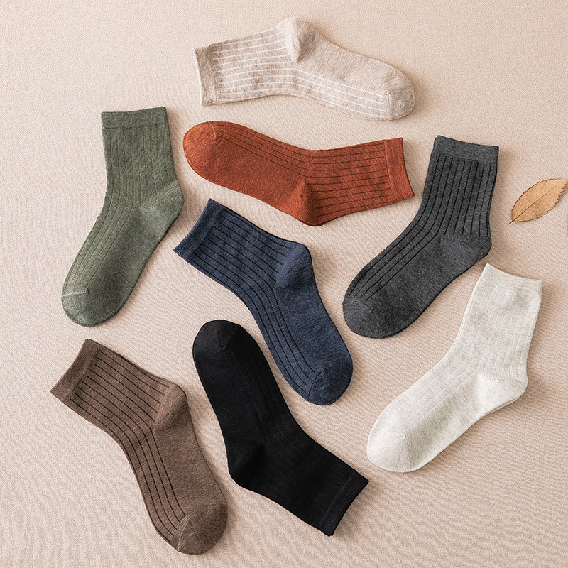 Female Spring And Summer Cotton Solid Color Pile Socks INS Tde Japanese Striped Middle Tube Stockings Thin Women Socks