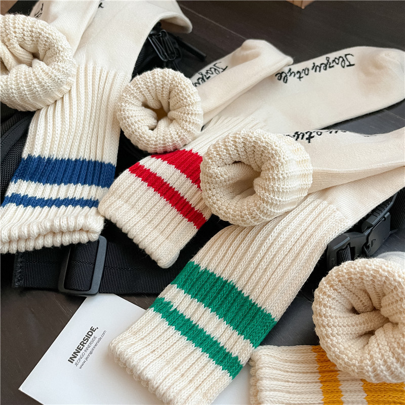 Custom thick ribbed knit striped socks comfortable organic cotton embroidery logo crew men women slouch sport socks