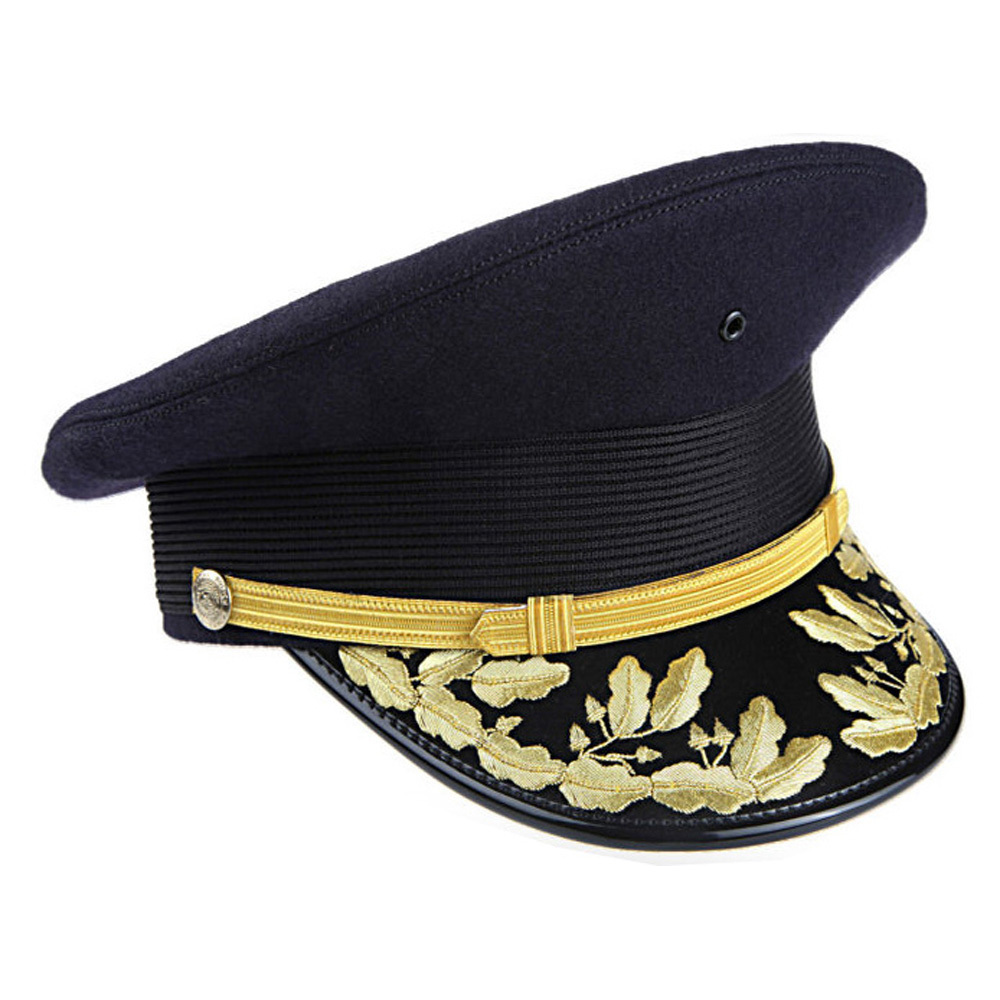 Hot Sale Custom Cheap High Quality Officer visor Hat with gold wire embroidery peck OEM uniform hats Merchant visor hat