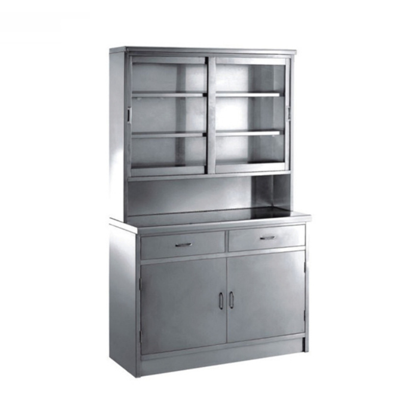 Vertical stainless steel cabinet work table with storage drawers glass door