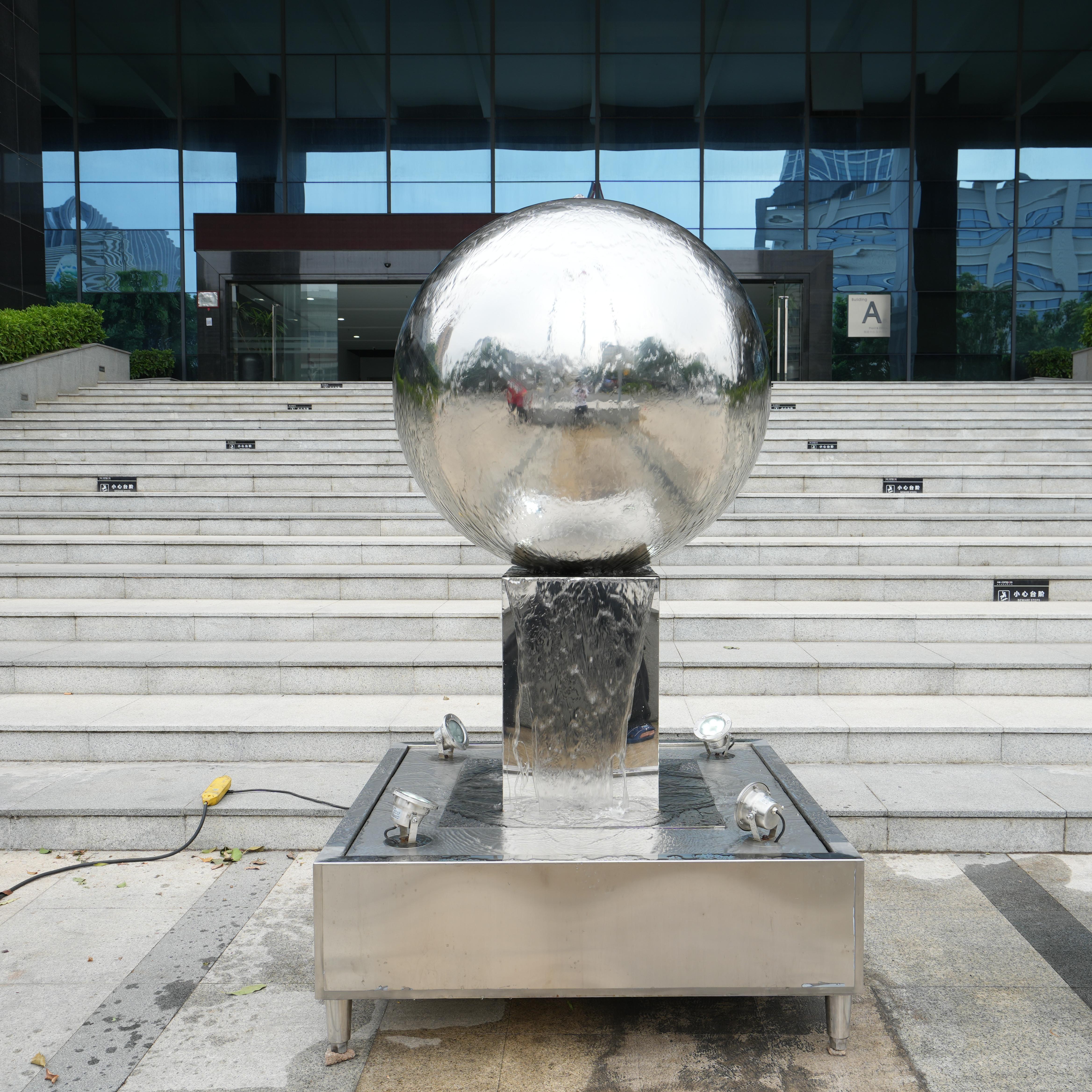 Stainless steel sphere water fountain statue outdoor sculpture with fountain