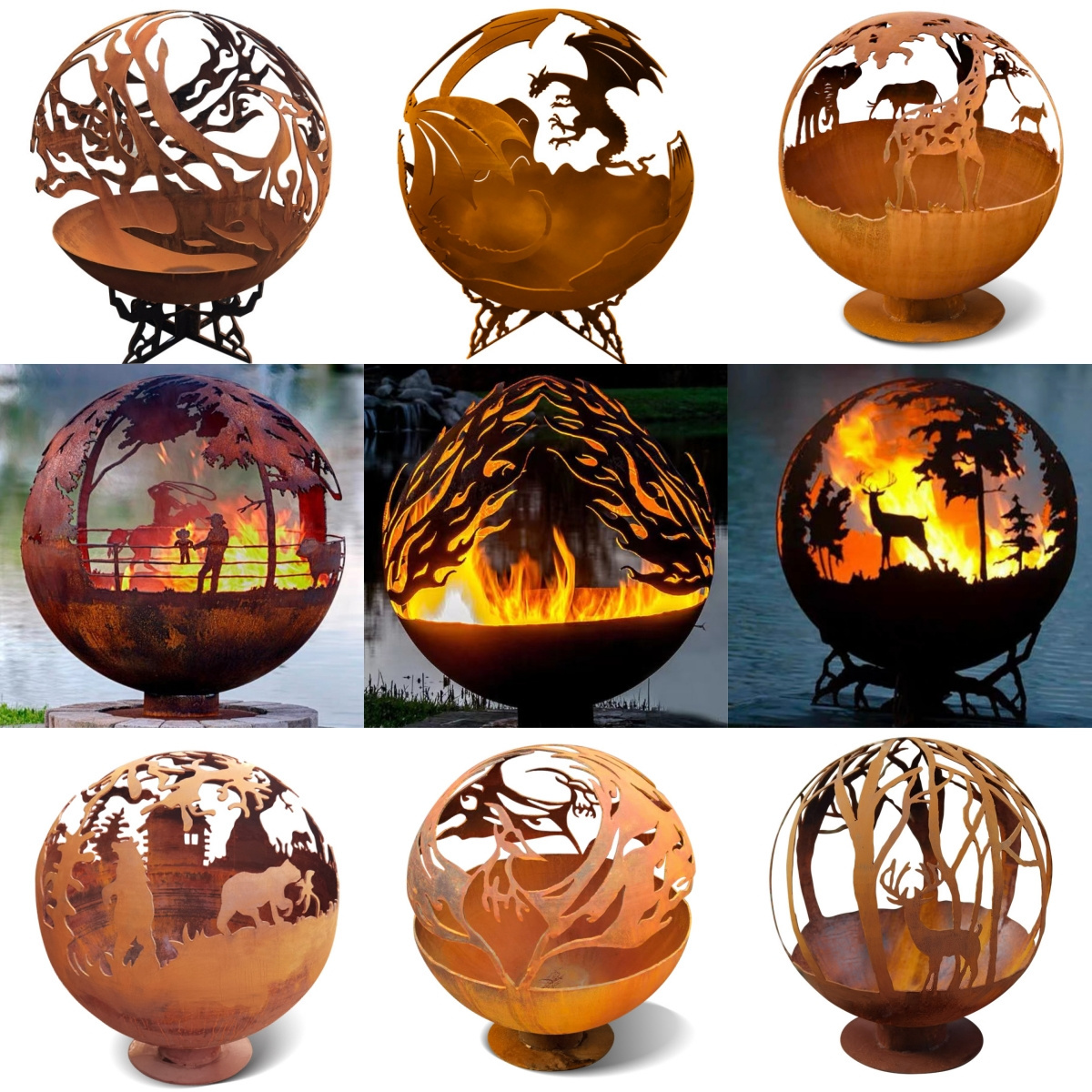 Outdoor corten steel metal half fire sphere bonfire hemisphere fire pit