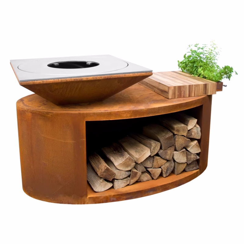 Outdoor corten steel smokeless storable wood fire pit with bbq grill