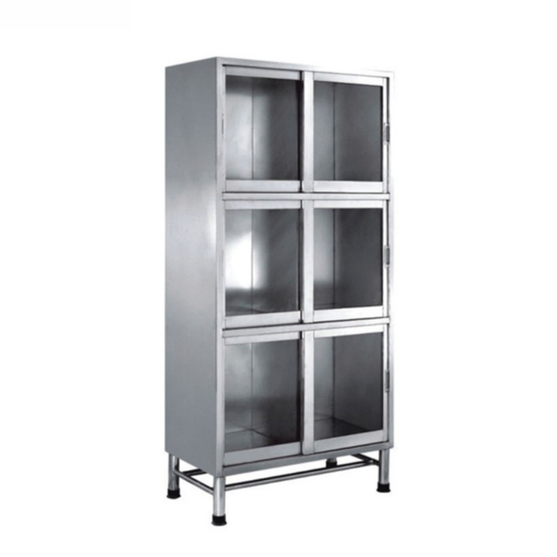 Vertical stainless steel cabinet work table with storage drawers glass door