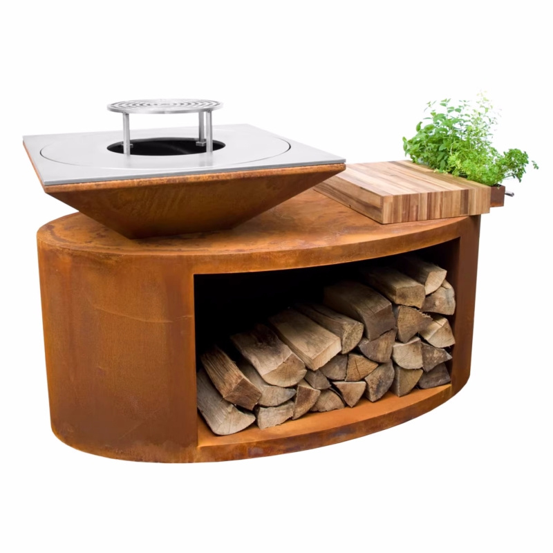 Outdoor corten steel smokeless storable wood fire pit with bbq grill