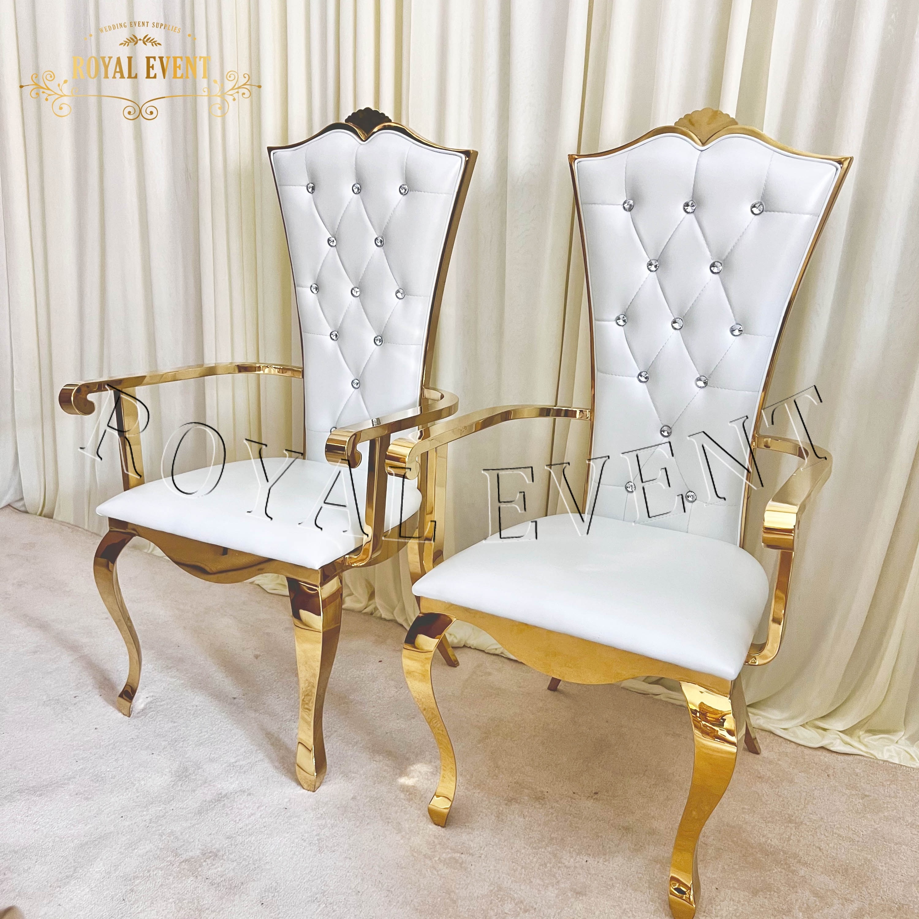 Luxury Gold Wedding Furniture Leather Chair Stainless Steel Armrest Throne Dining Chair For Bridal And Groom