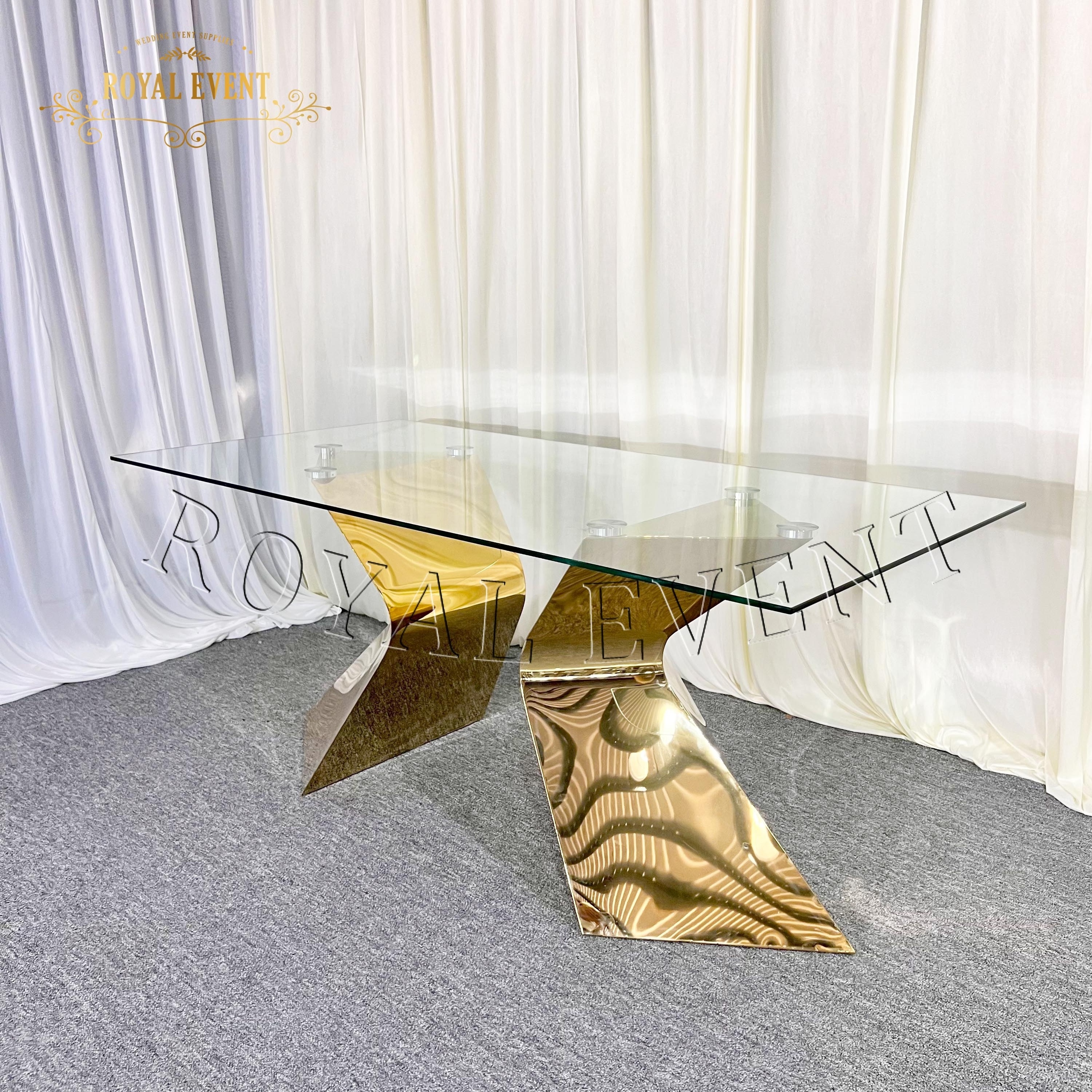 New Design Gold Stainless Steel glass top Wedding Table Elegant Bridal dining Table hotel furniture For Wedding Decor