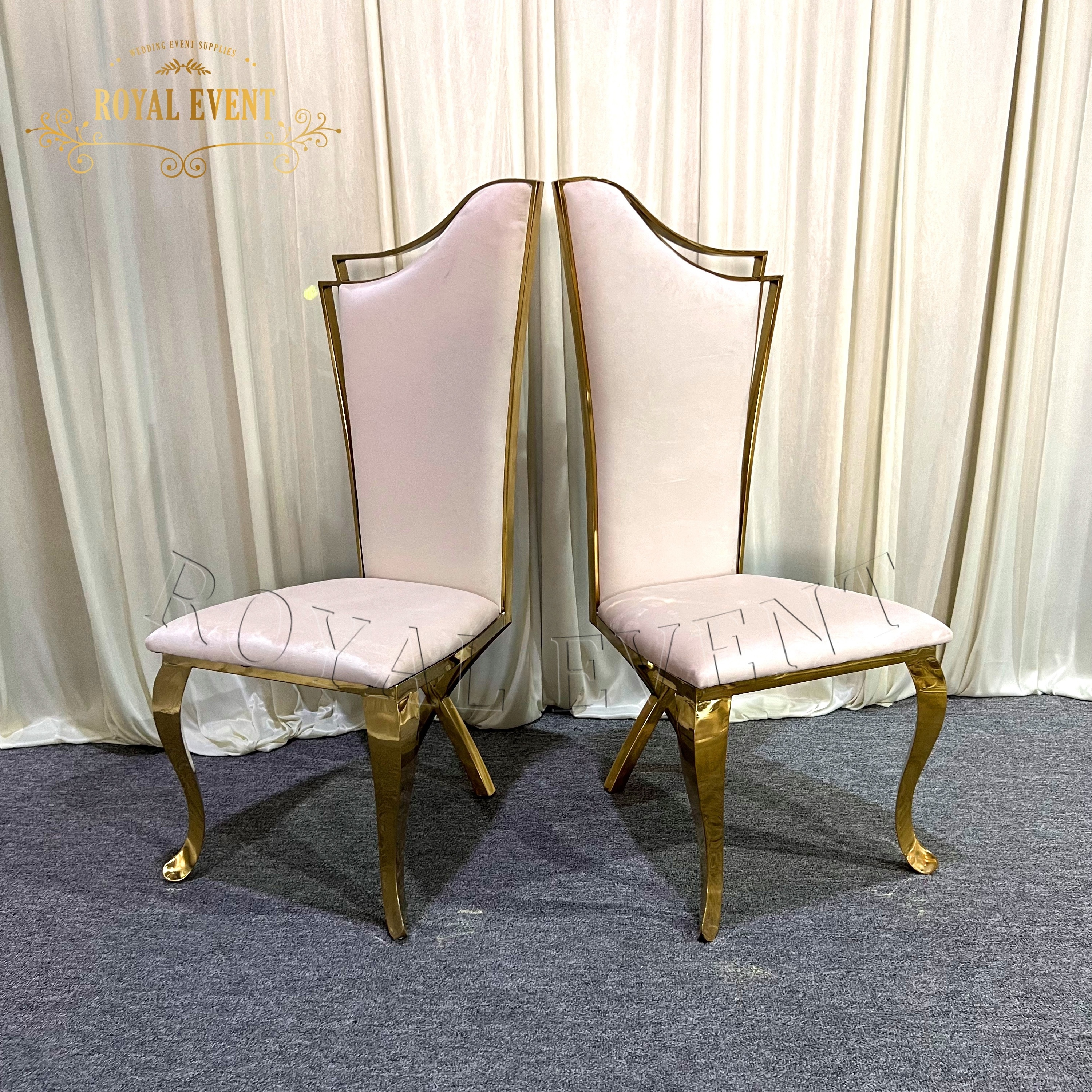 Fancy High Back Velvet Bridal Chair Golden Stainless Steel Frame King Throne Chair For Rental