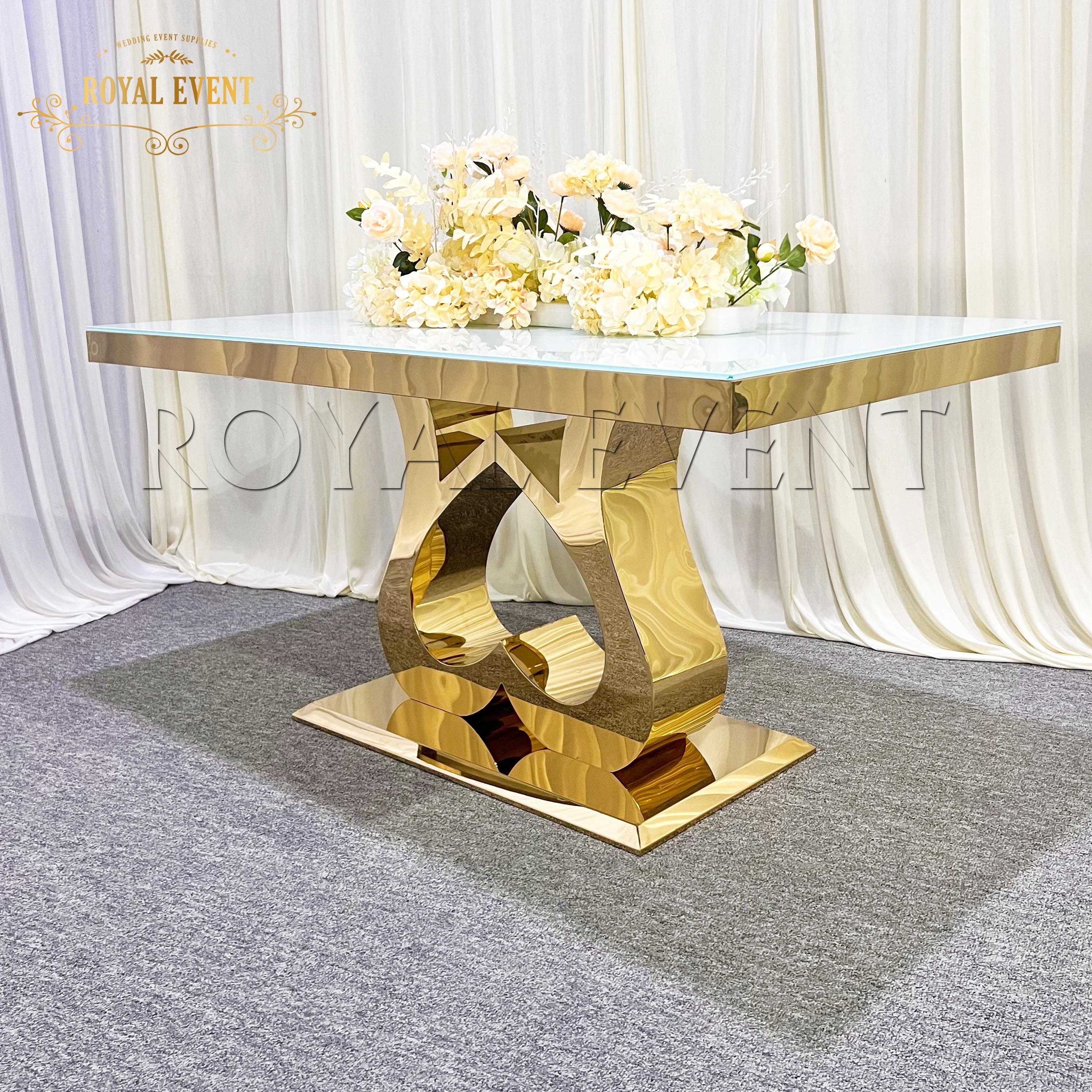 Shiny Golden Bridal And Groom Used Love Table Stainless Steel Wedding Glass Table For Reception