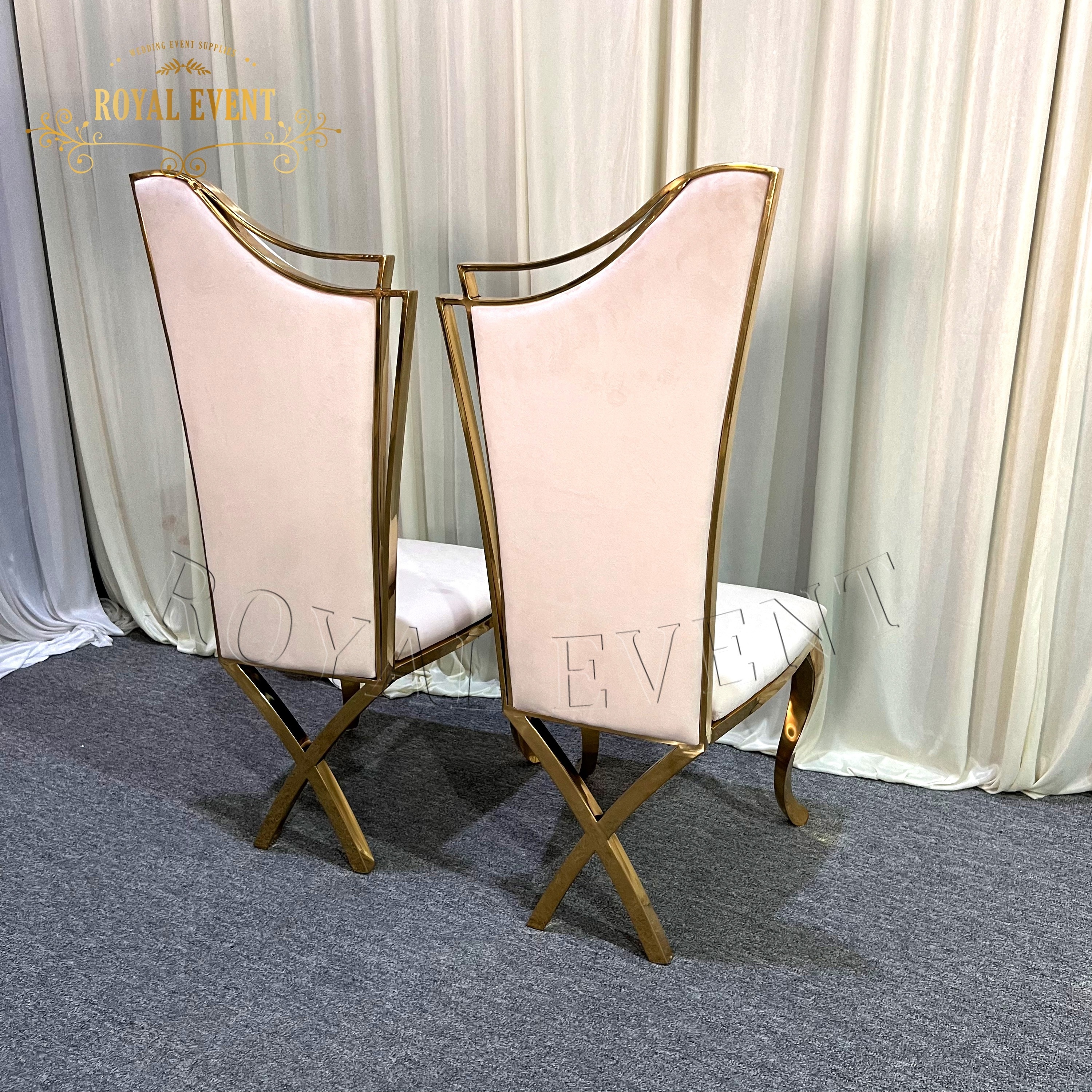 Fancy High Back Velvet Bridal Chair Golden Stainless Steel Frame King Throne Chair For Rental